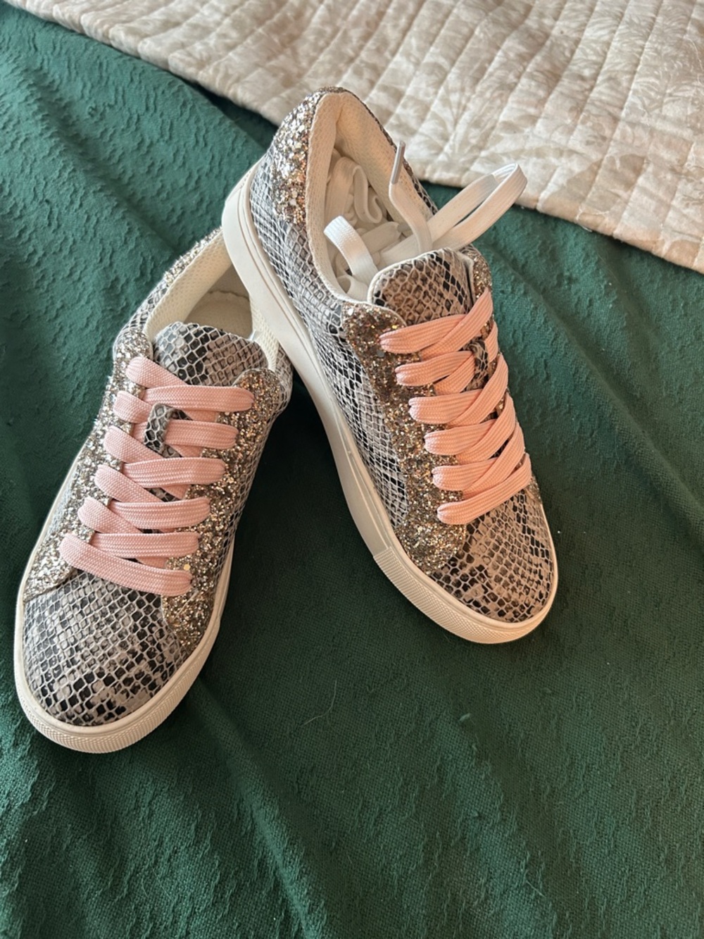 Women's Pink Lace-Up Snake Print Glitter Sneakers